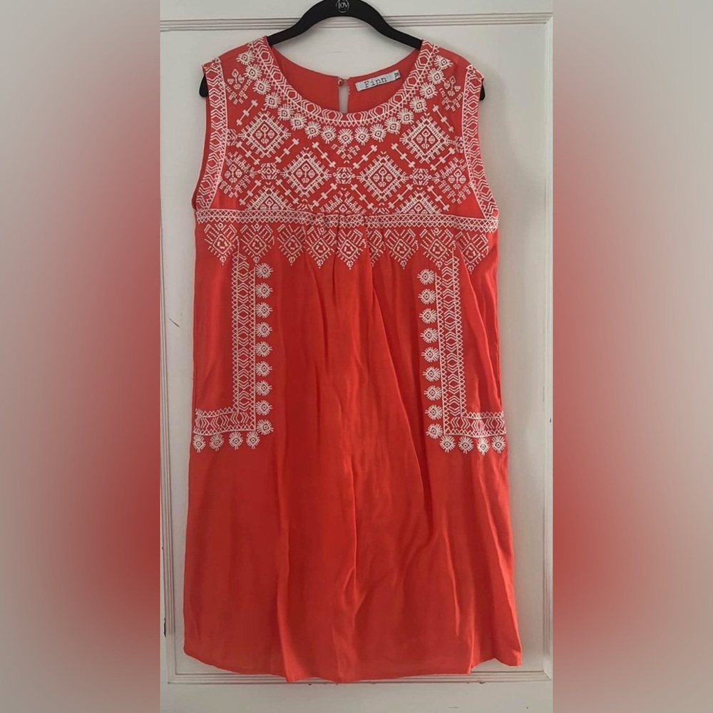 Finn orange with white embroidery shift dress. Ladies Size Medium.
